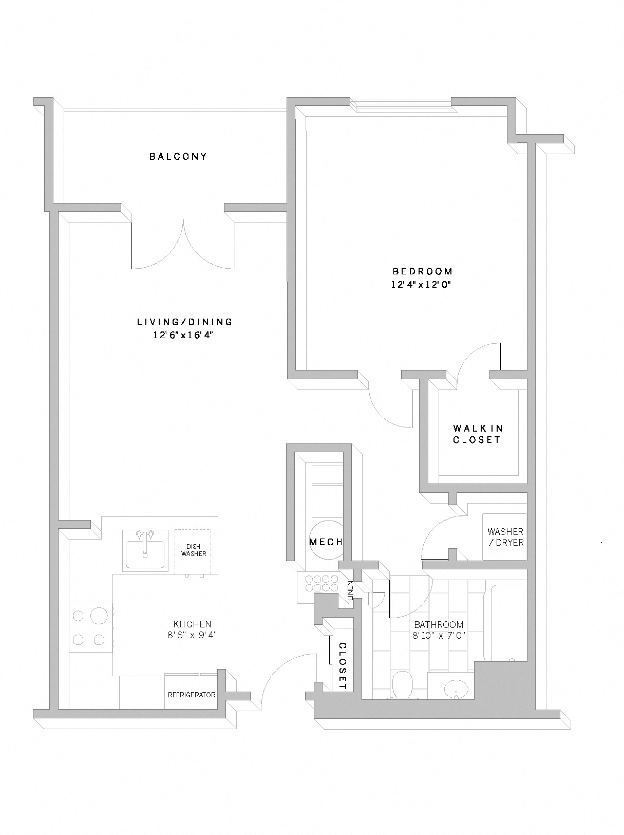 Floor plan for 1 bed, 1 bath, 792 sqft